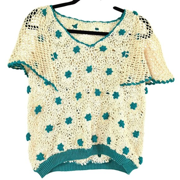 Vintage Handmade Crochet Shirt Off-white and Turquoise Blue Small - Picture 1 of 7